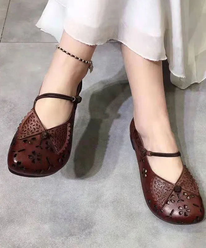 Brown Hollow Out Flats Buckle Strap Shoes