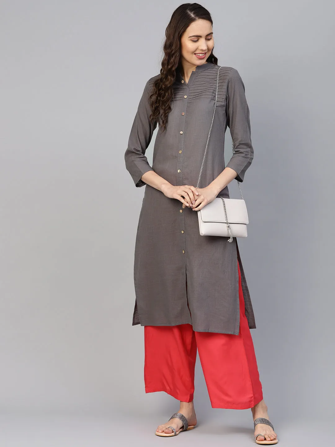 Jashvi Women Grey Cotton Straight Kurta with Pintucks
