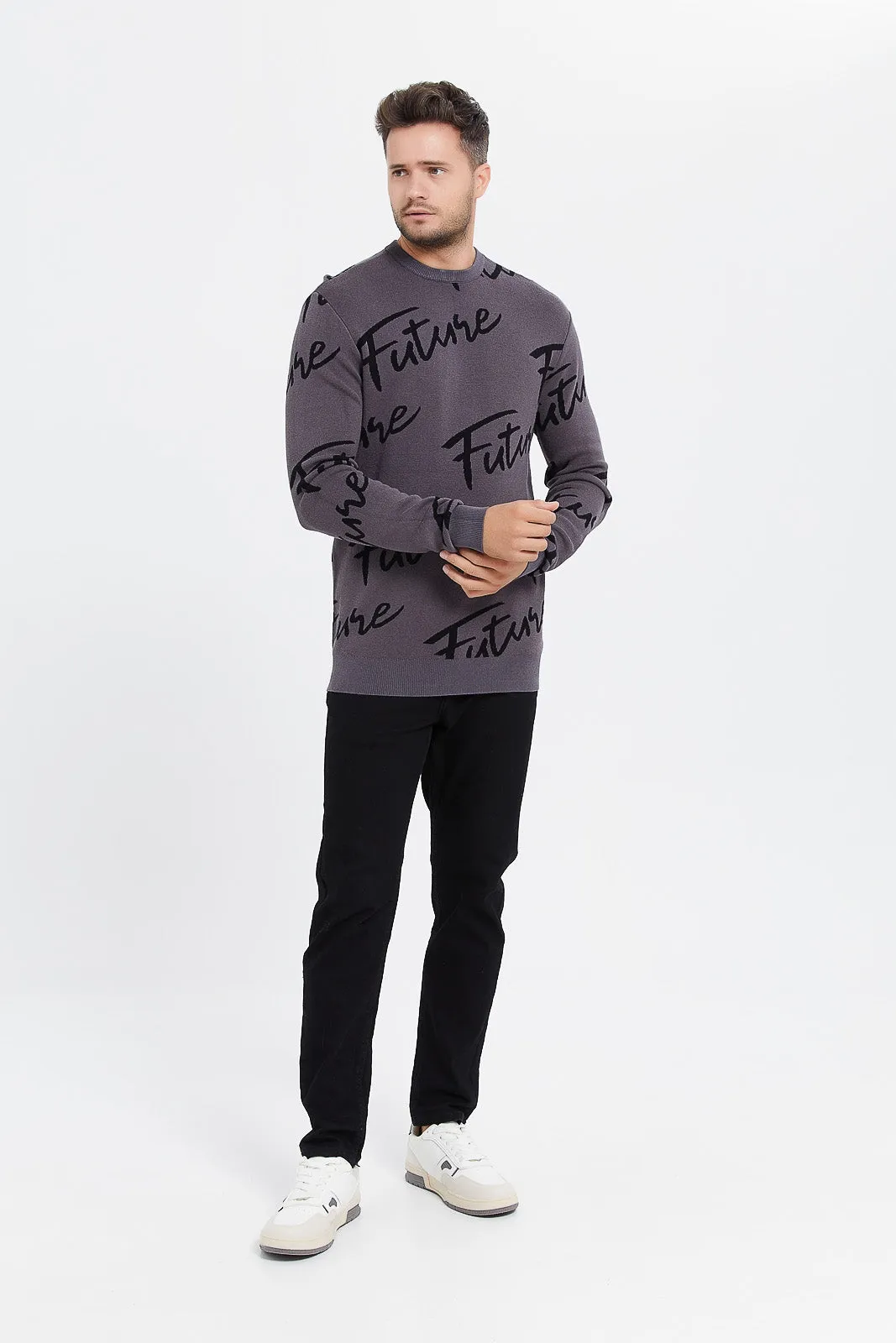 Men Grey Logo Print Pullover