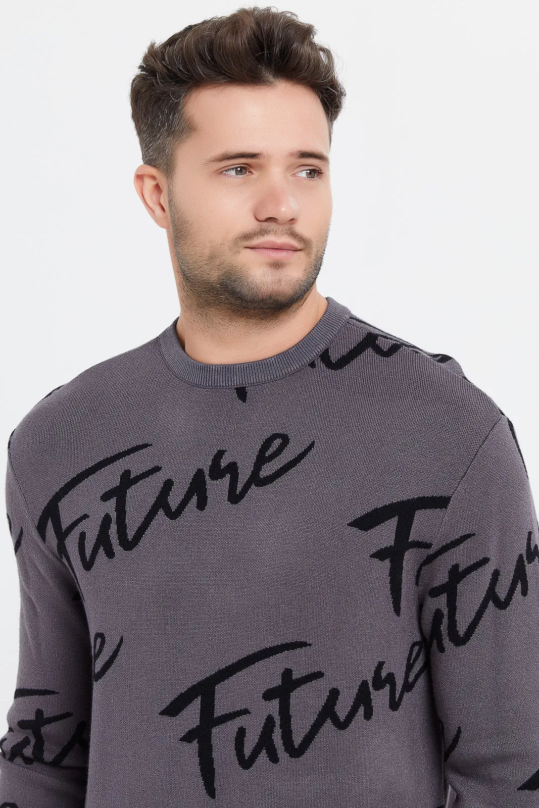 Men Grey Logo Print Pullover