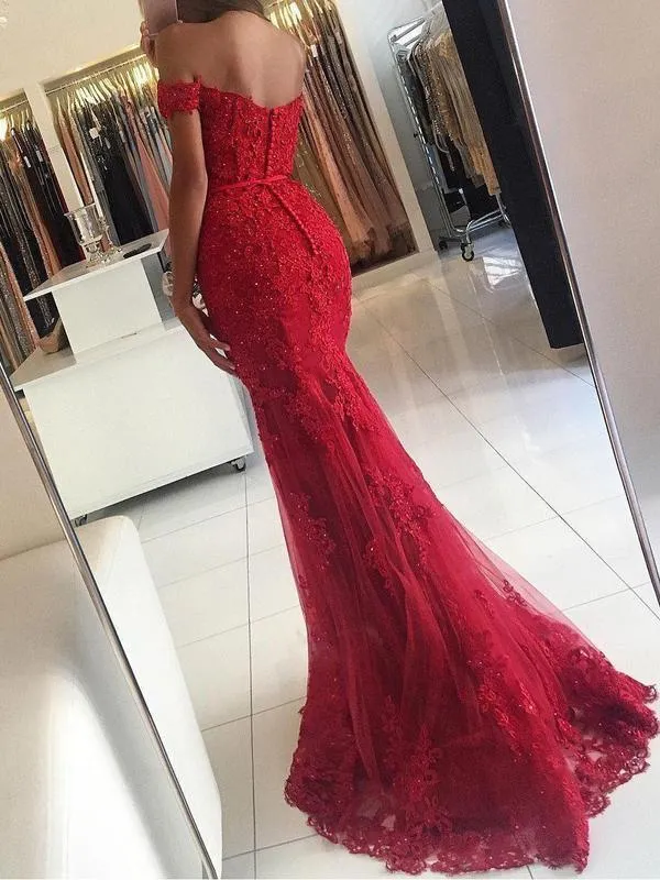 Off-the-shoulder Mermaid Tulle Applique Long Prom Dress DPB135