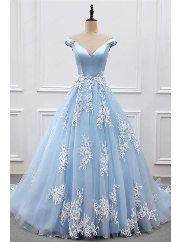 Off-the-shoulder V-neck Blue Tulle Applique Prom Dress Ball Gown DPB129