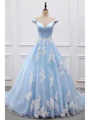 Off-the-shoulder V-neck Blue Tulle Applique Prom Dress Ball Gown DPB129