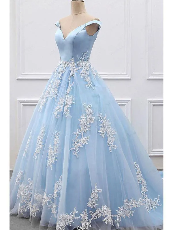 Off-the-shoulder V-neck Blue Tulle Applique Prom Dress Ball Gown DPB129