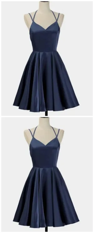 Spark Queen Simple Short Blue Sleeveless V Neck Mini Evening Dress, Women Dress, Satin Ruffles Spaghetti Straps Homecoming Dress